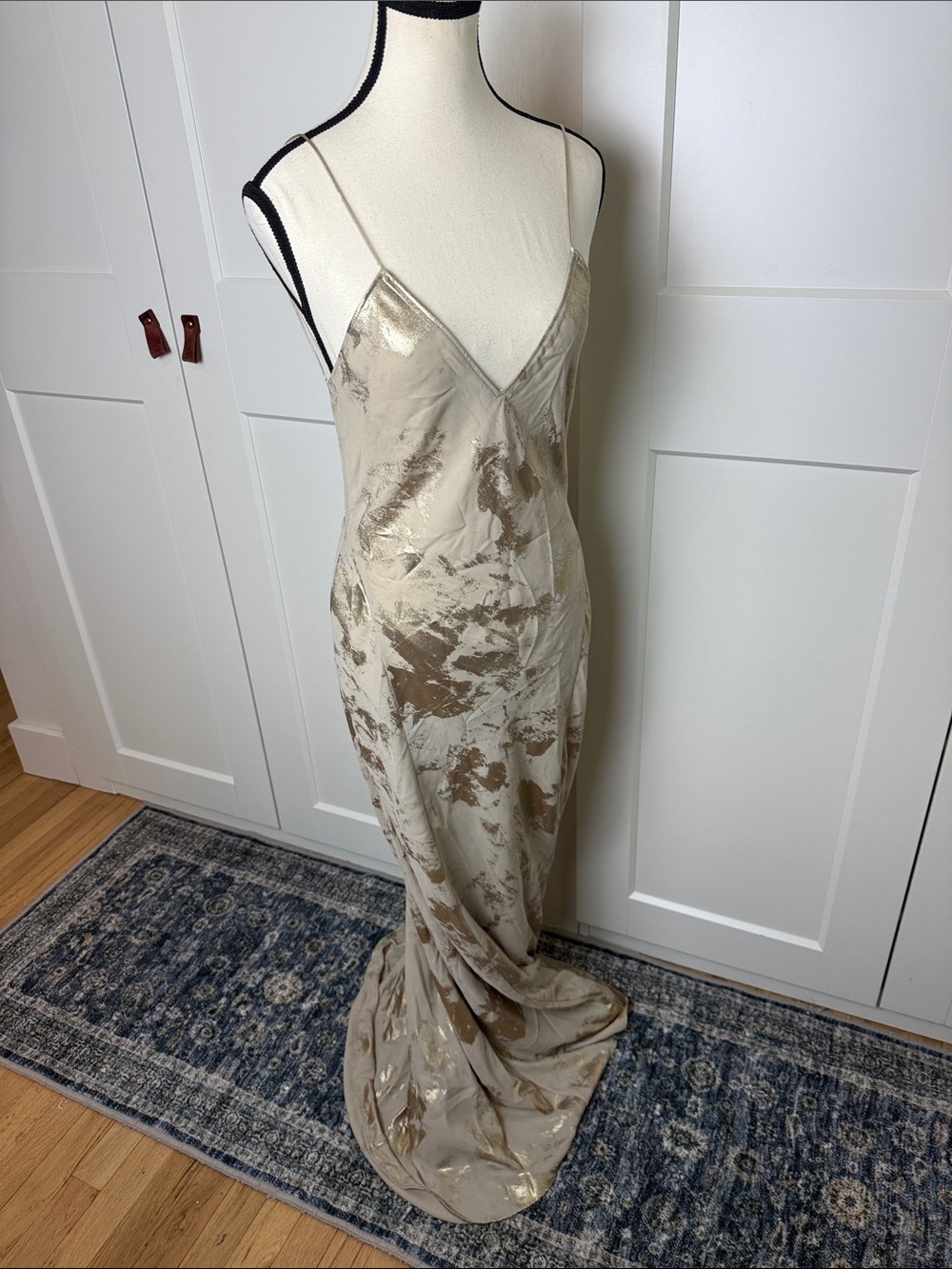 Backless low back Metallic Gold foil Slip Maxi Dress - Picture 5 of 8